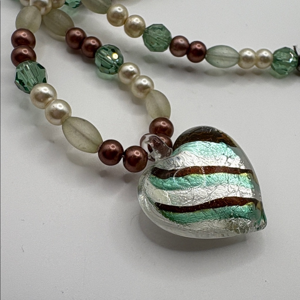 Blown Glass Heart Beaded Necklace Venetian Style 18” Venetian